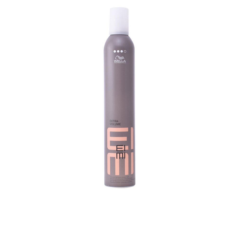 Flacone Wella Eimi Extra Volume Mousse con tappo bianco. Contenitore grigio con scritta rosa.