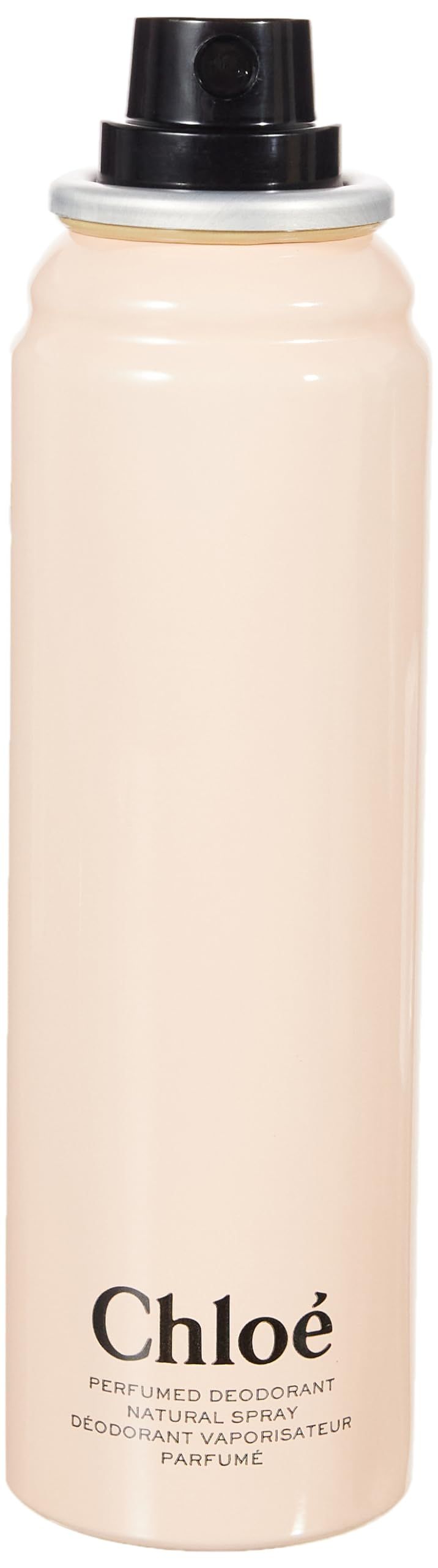 Spray deodorante rosa chiaro con logo Chloe nero. Il tappo è nero.