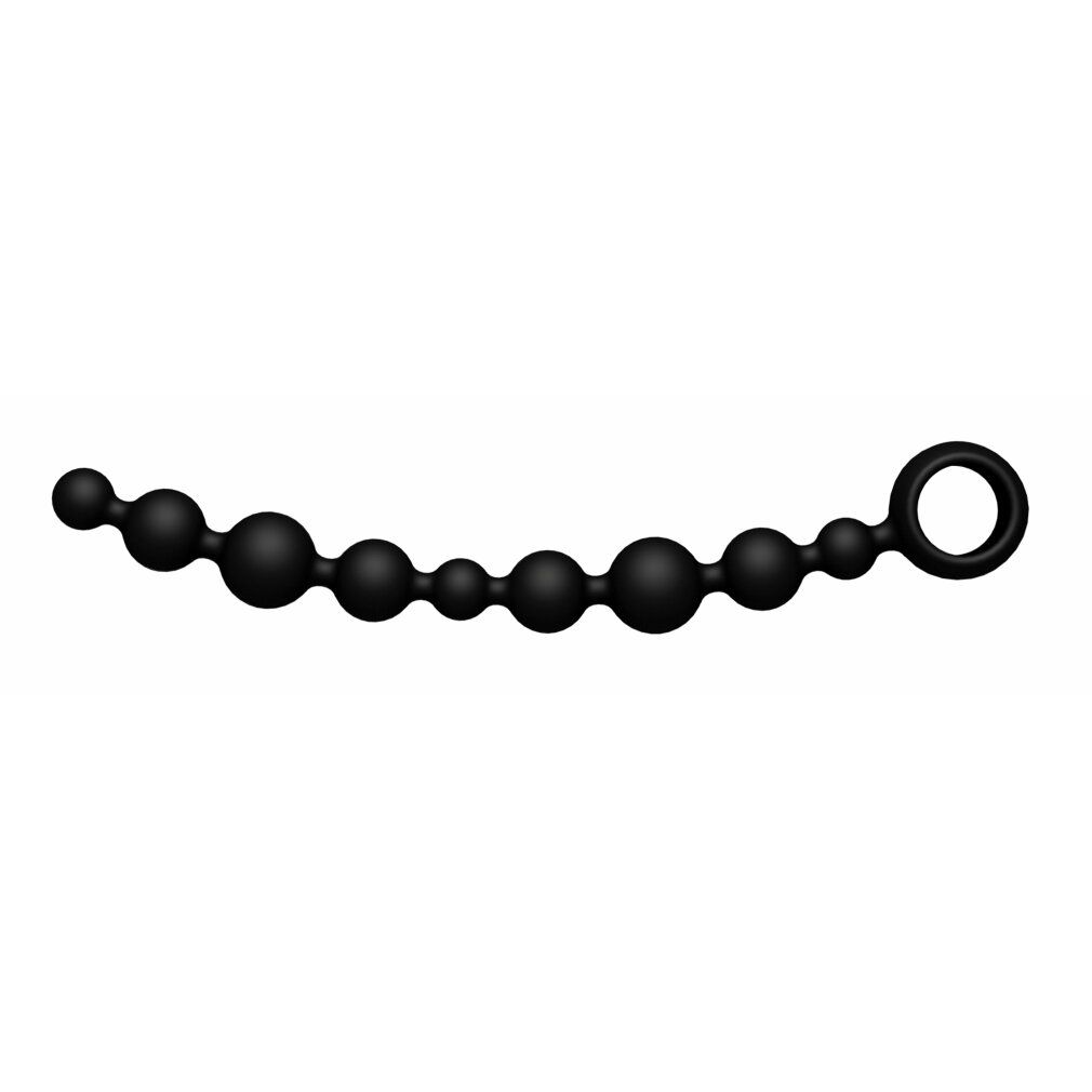 Catena di perle nere con anello. Le perle variano di dimensione.