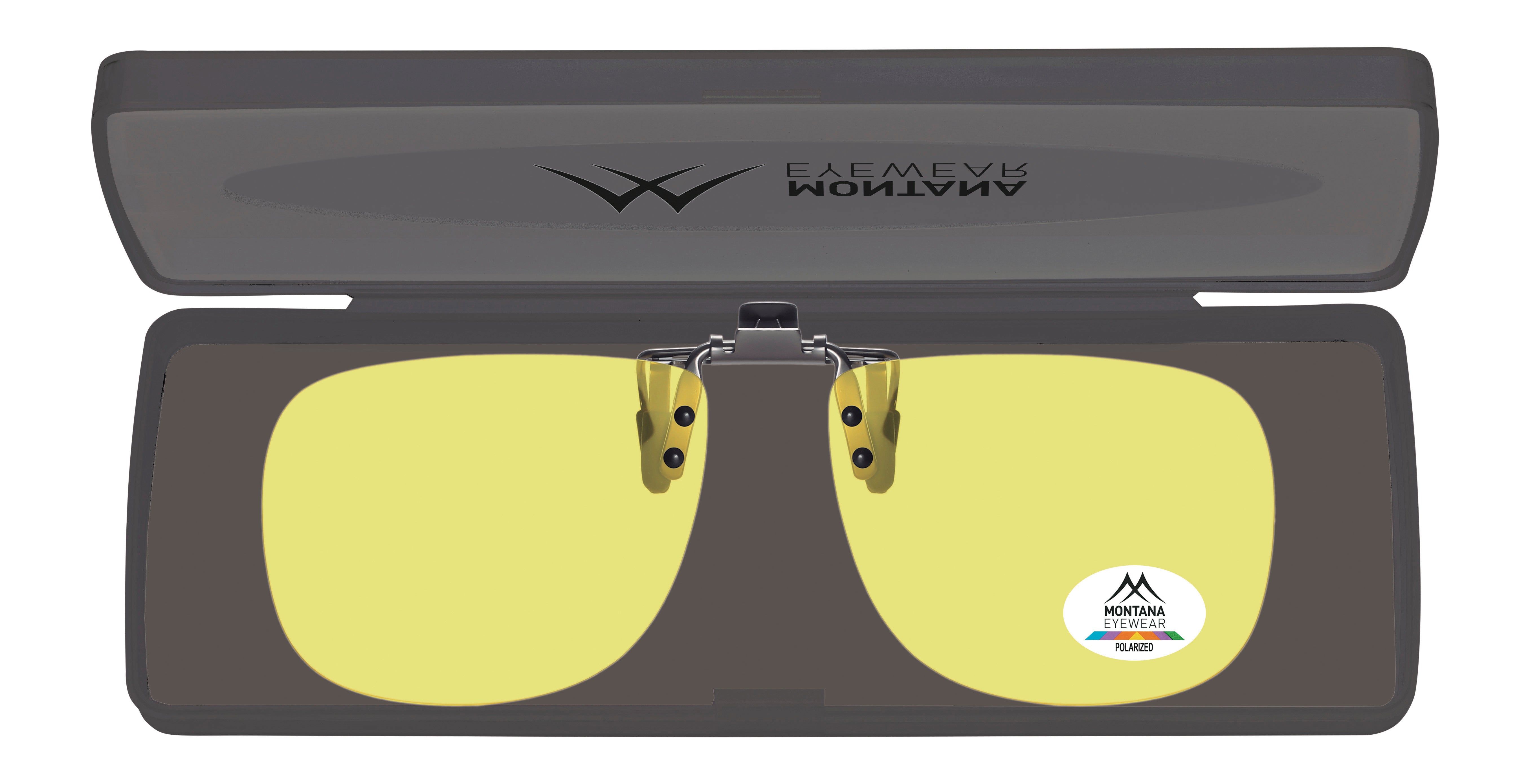 Occhiali da sole clip-on Montana Eyewear Mauritius in custodia. Lenti gialle, clip metallico, logo Polarized.