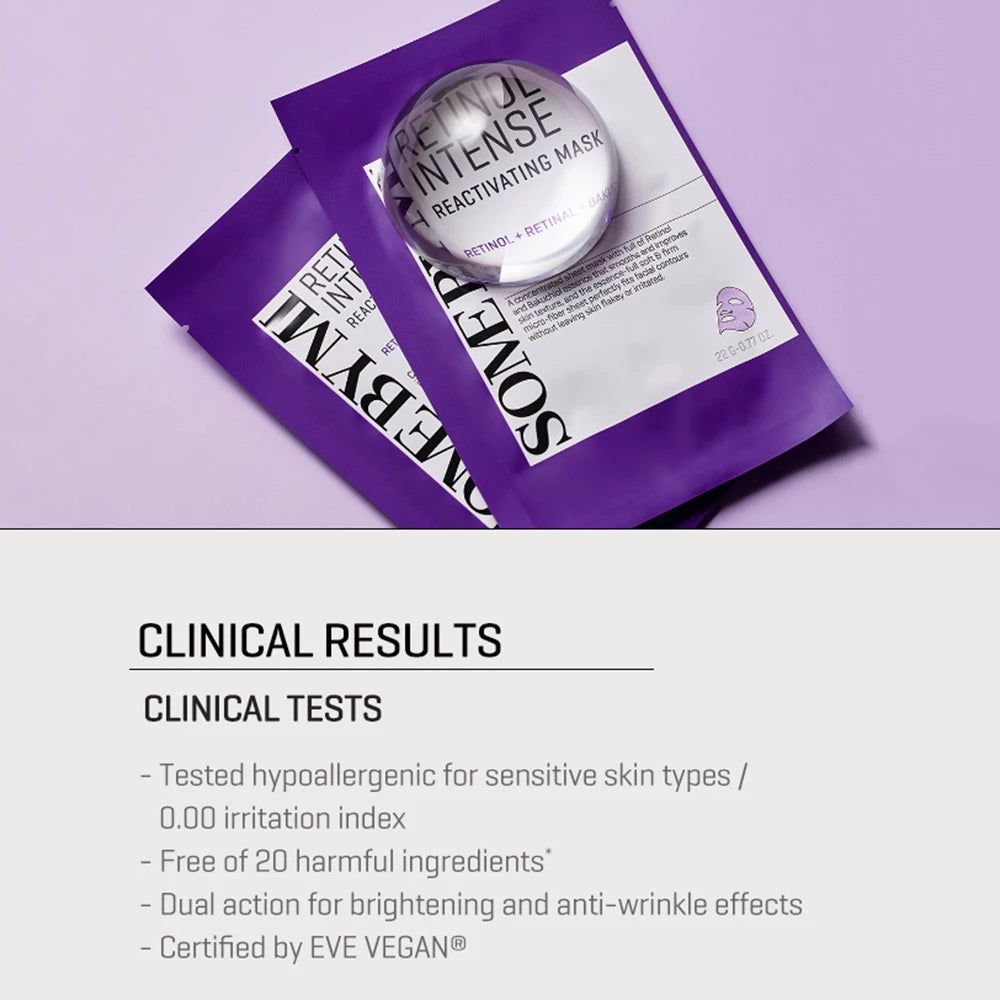 Due confezioni di maschera viso con retinolo e bakuchiol, con risultati clinici e certificazione EVE VEGAN.