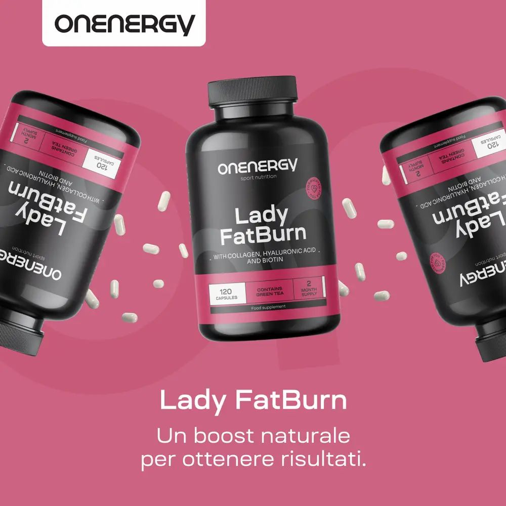 Tre barattoli OnEnergy Lady FatBurn su sfondo rosa. "Un aiuto naturale per ottenere risultati."