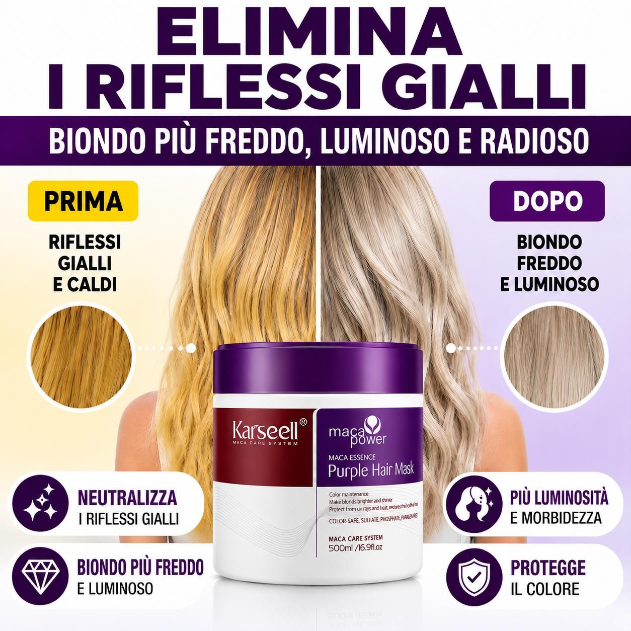 KARSEELL Maschera Capelli Viola Toner Biondi Platino Decolorati Grigi Bianchi Antigiallo