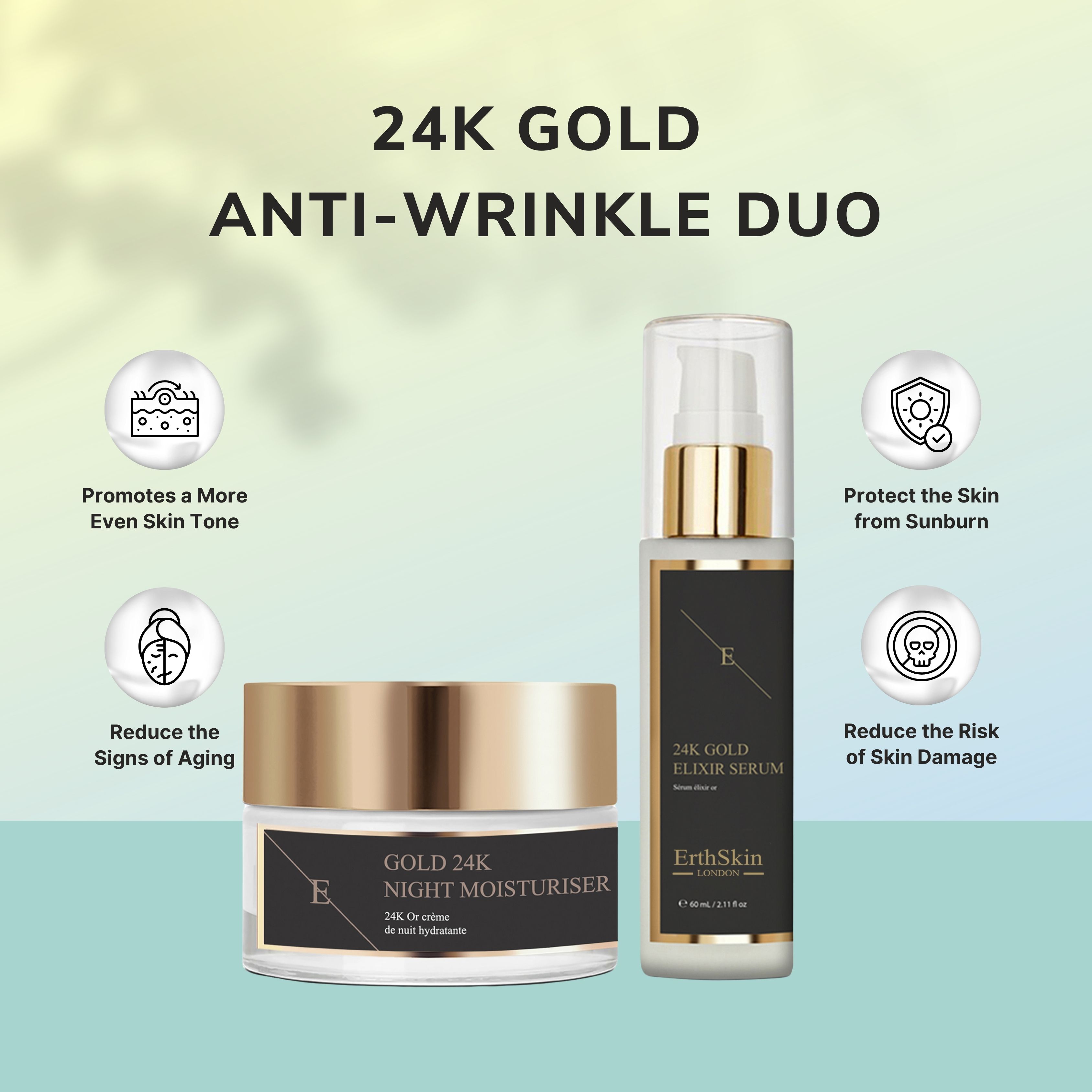 Due prodotti cosmetici: crema notte e siero. Coperchi dorati ed etichette. Testo: 24K Gold Anti-Wrinkle Duo. ErthSkin London.