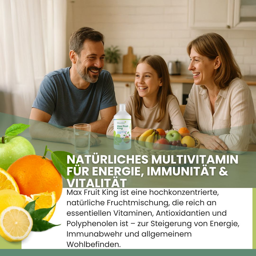 Bottiglia di bevanda multivitaminica alla frutta su un tavolo con una famiglia e frutta.
