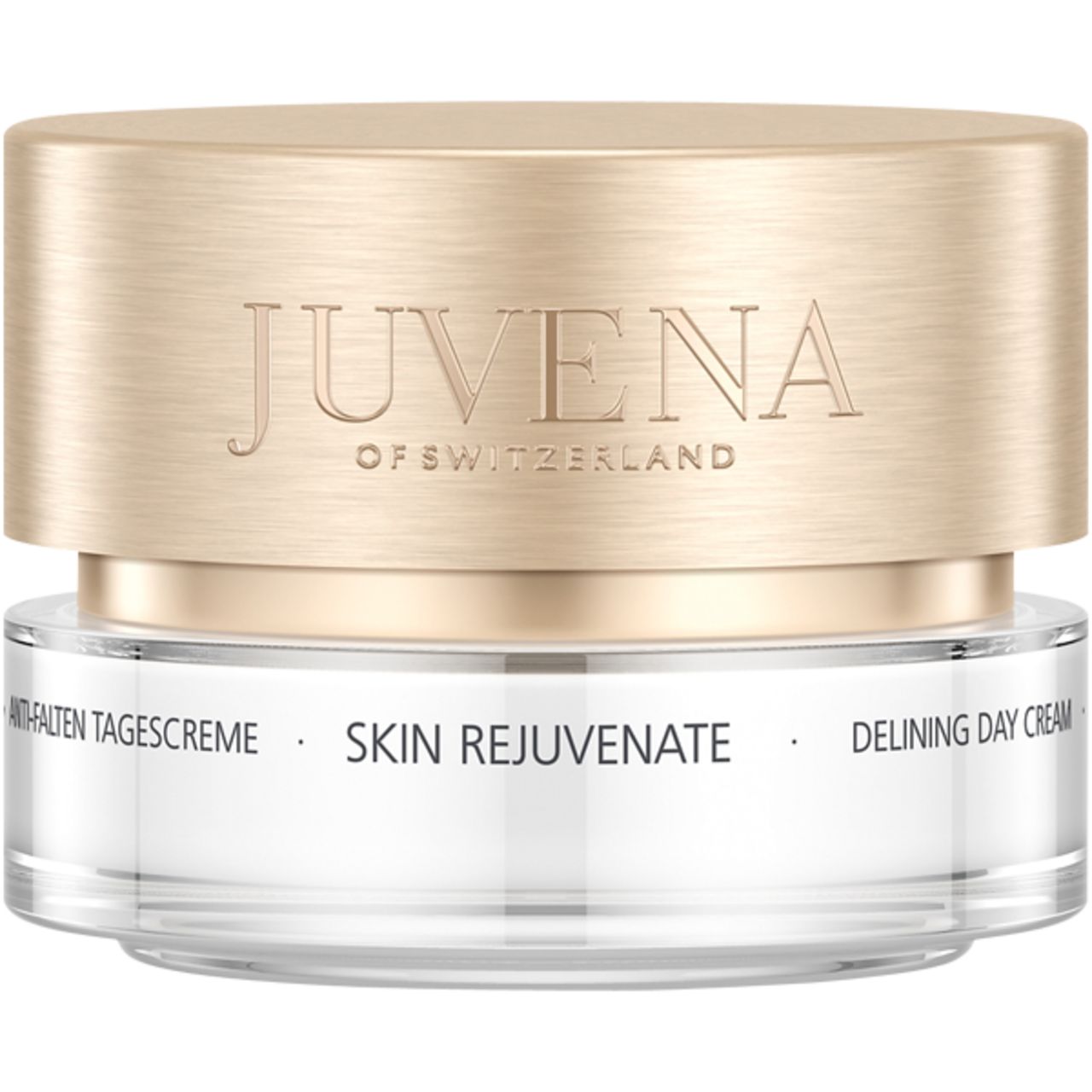 Vasetto di crema con coperchio dorato. Sul coperchio è scritto "JUVENA OF SWITZERLAND". Sotto, "SKIN REJUVENATE DELINING DAY CREAM".