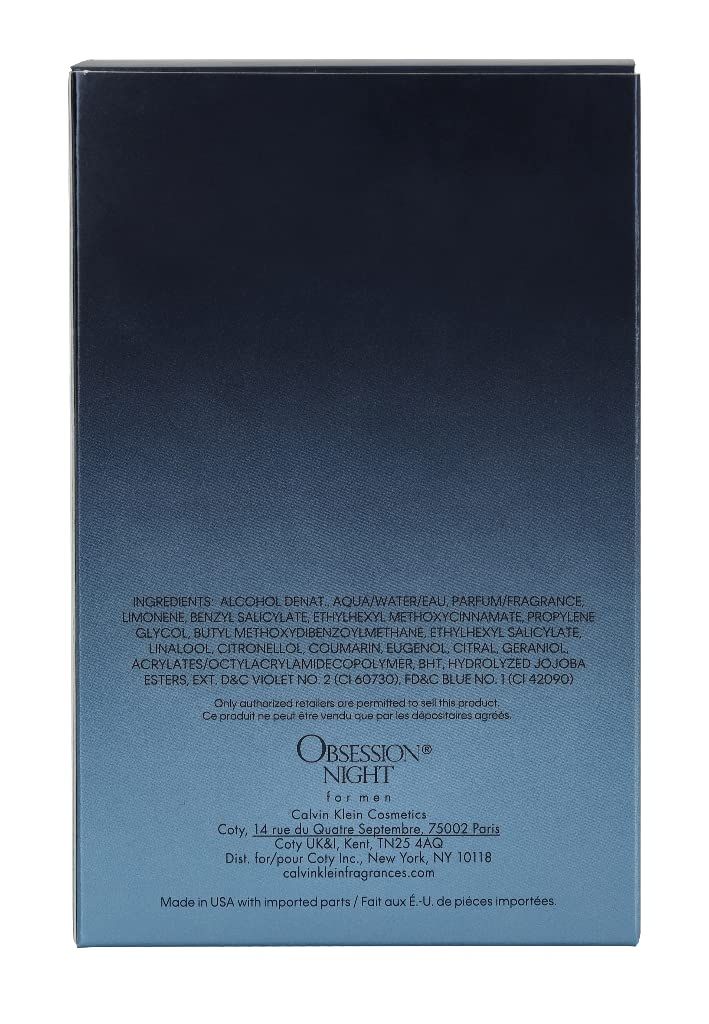 Retro della confezione di Calvin Klein Obsession Night for Men. Testo con ingredienti e produttore.