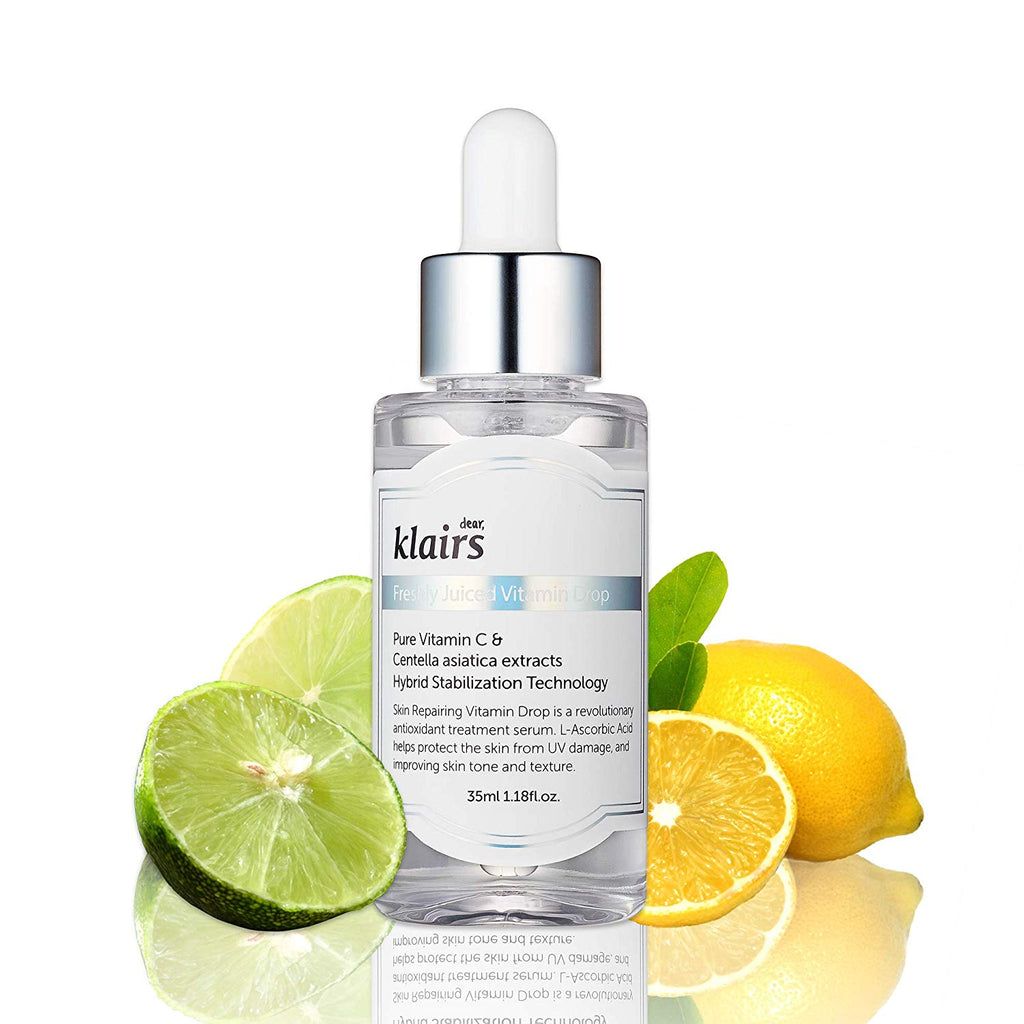 Flacone di siero Klairs con agrumi. Vetro trasparente, tappo argentato, etichetta bianca. Limoni e lime.