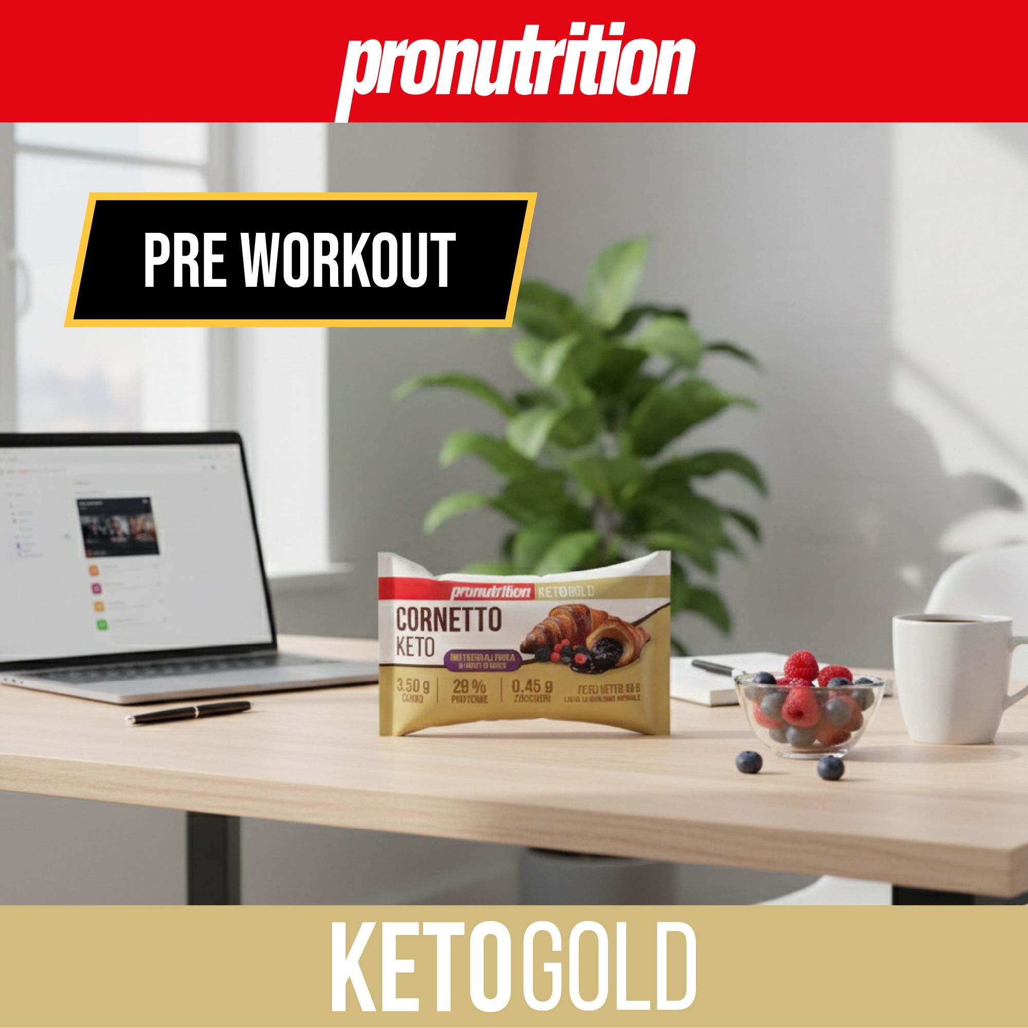 Confezione dorata con prodotto. Scritta: Cornetto Keto. Accanto, frutti di bosco e tazza. In background, un laptop.