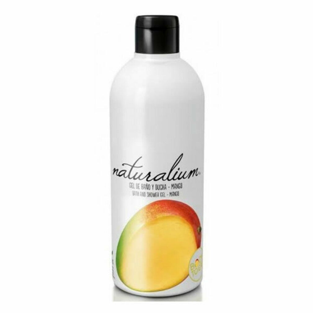 Flacone bianco con tappo nero, bagnoschiuma Naturalium Mango con immagine di mango.
