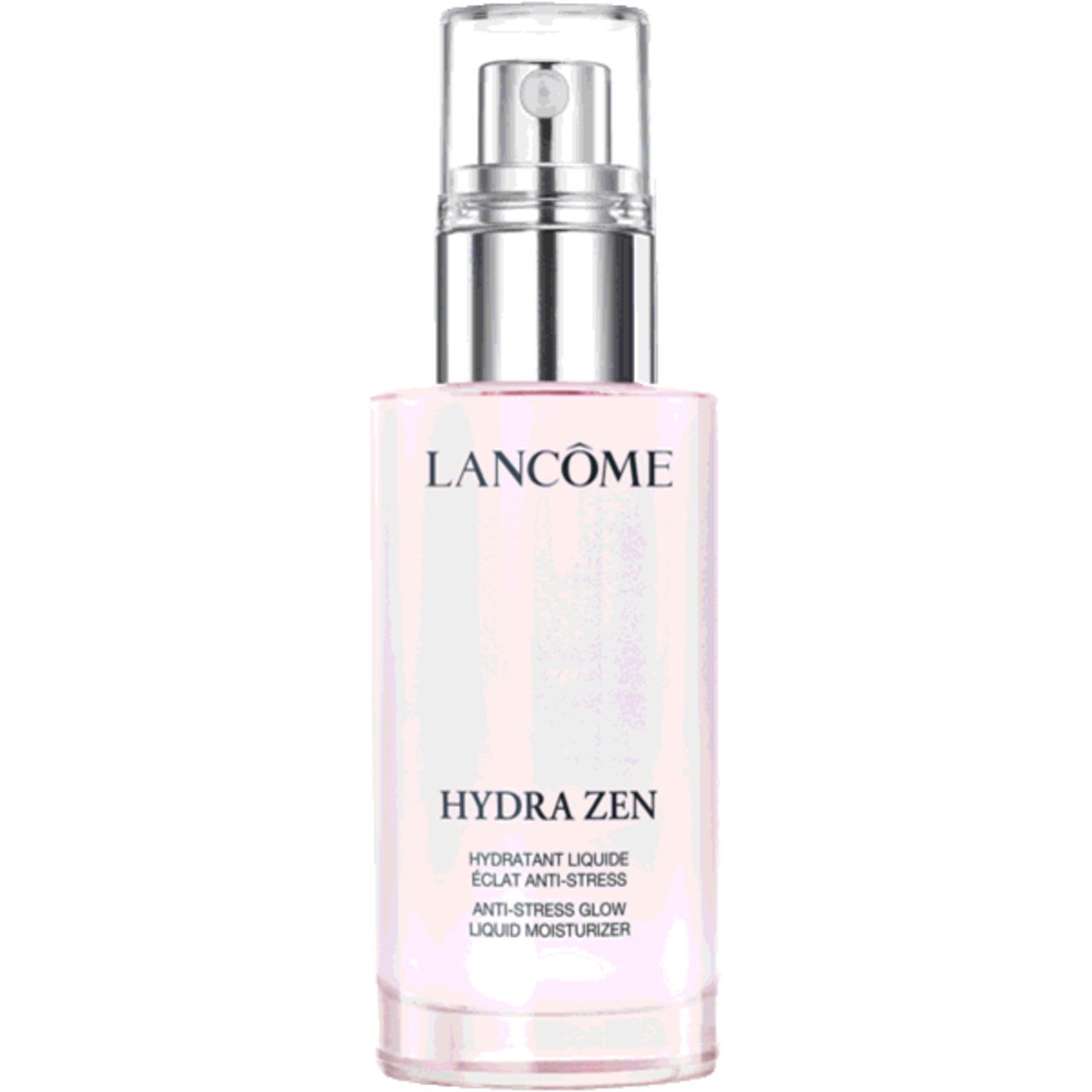Flacone rosa con vaporizzatore argentato. Scritta: Lancôme, Hydra Zen, idratante anti-stress.
