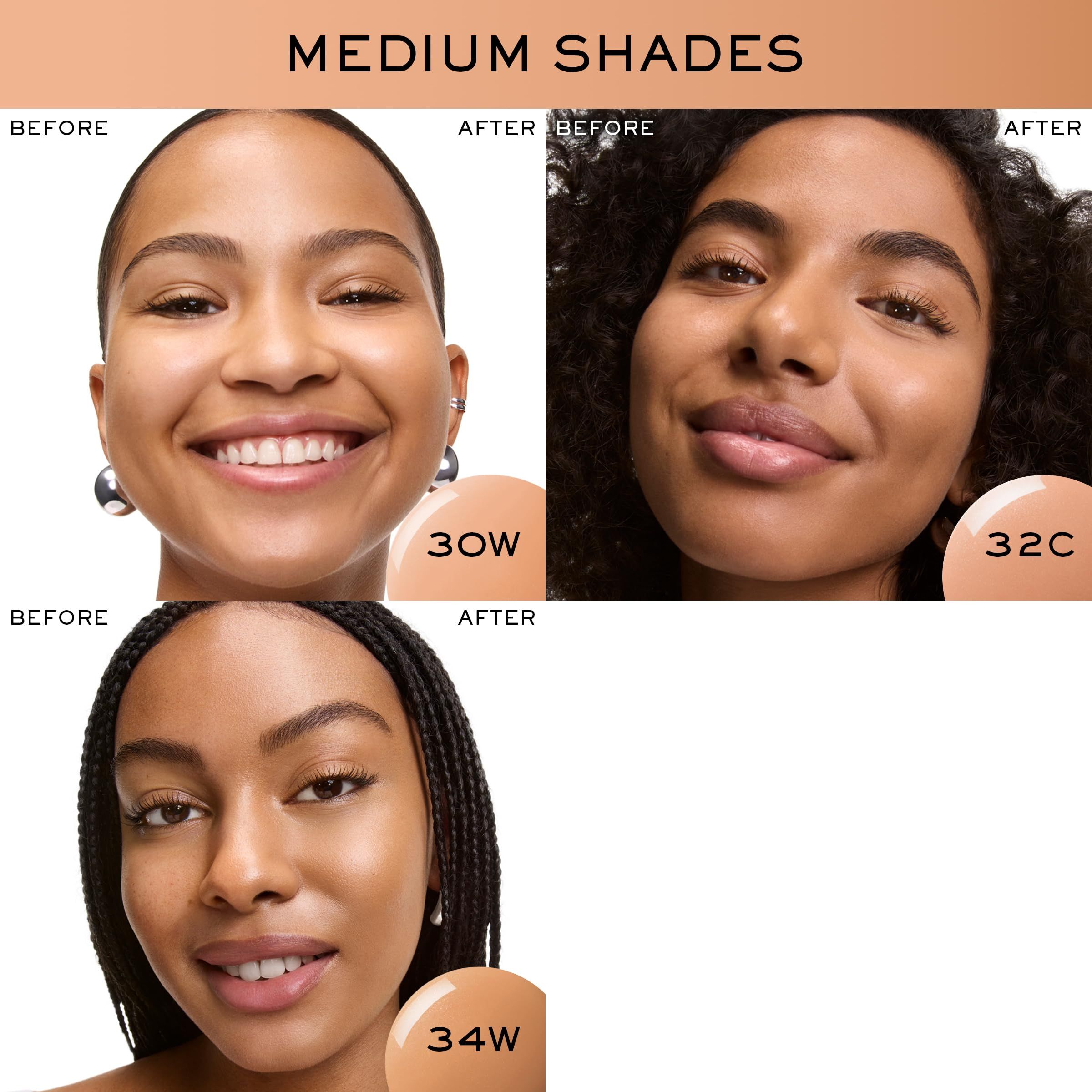 Volti prima e dopo l'applicazione. Tonalità: 30W, 32C, 34W. Testo: Prima, Dopo, Tonalità medie.