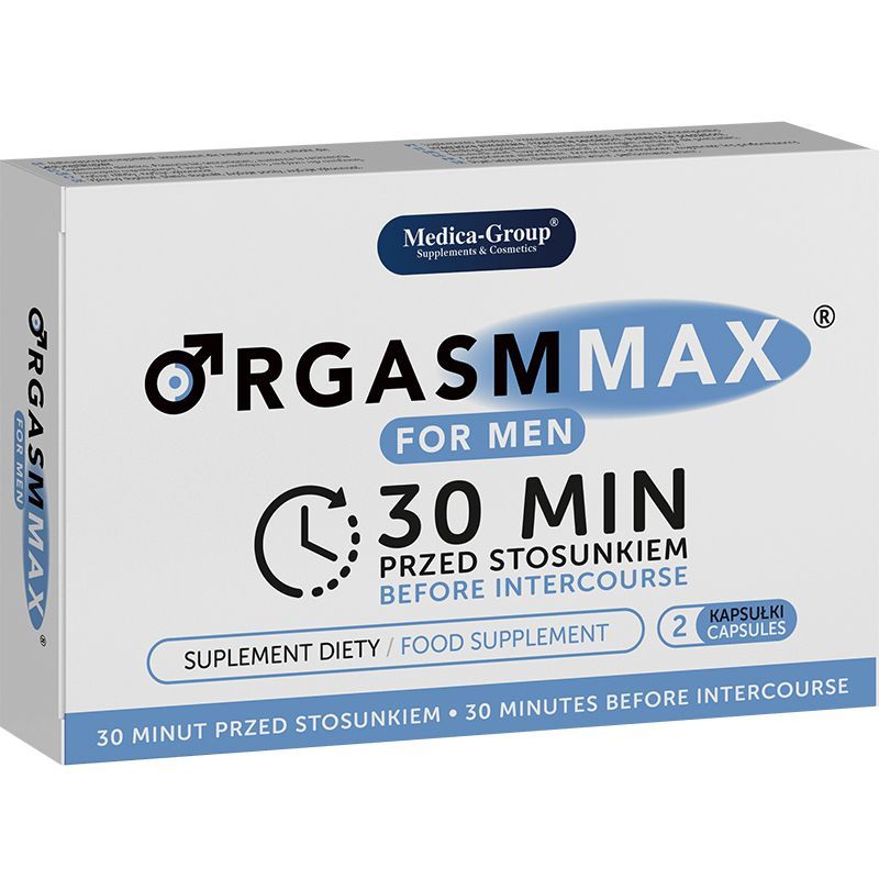 Confezione di Orgasm Max per uomo, 2 capsule, integratore alimentare.