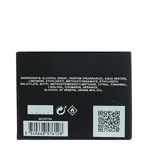 Scatola nera con ingredienti, codice a barre e QR code. Ingredienti: ALCOHOL DENAT., PARFUM, AQUA, etc.