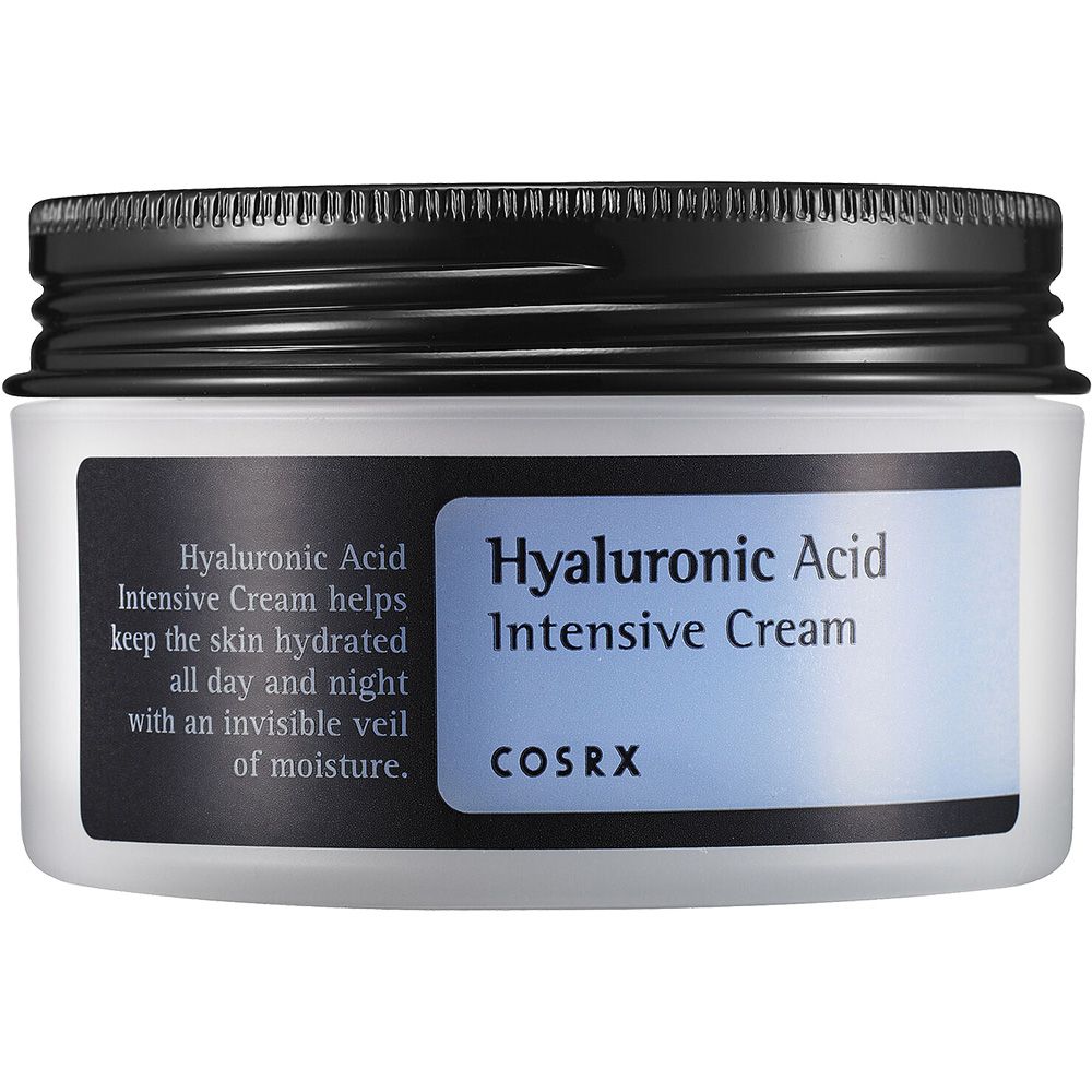 Vasetto di crema con coperchio nero. Scritta: Hyaluronic Acid Intensive Cream. Marchio: COSRX.