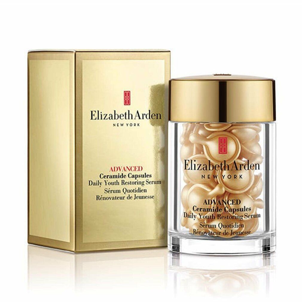 Scatola dorata e contenitore in vetro con capsule di ceramidi. Scritta: Elizabeth Arden, Advanced Ceramide Capsules, Daily Youth Restoring Serum.