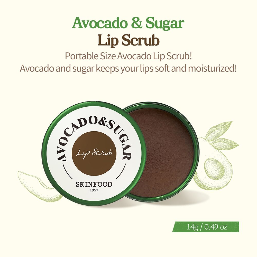 Confezione del prodotto Avocado & Sugar Lip Scrub. Coperchio verde, contenuto marrone. Testo: Avocado & Sugar Lip Scrub, 14g/0.49 oz.