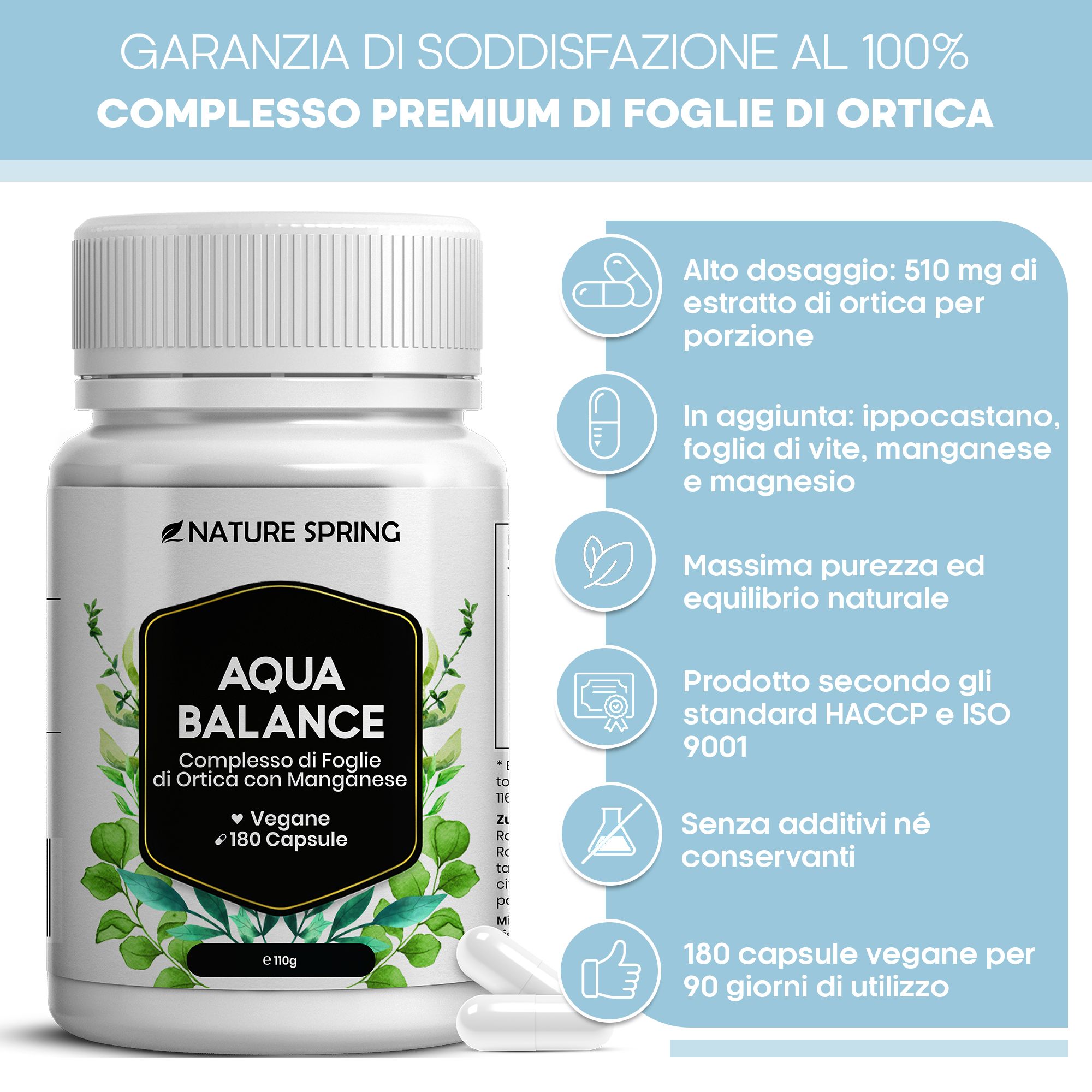 Flacone di Nature Spring Aqua Balance con 180 capsule vegane, con icone su dosaggio, purezza e certificazione.