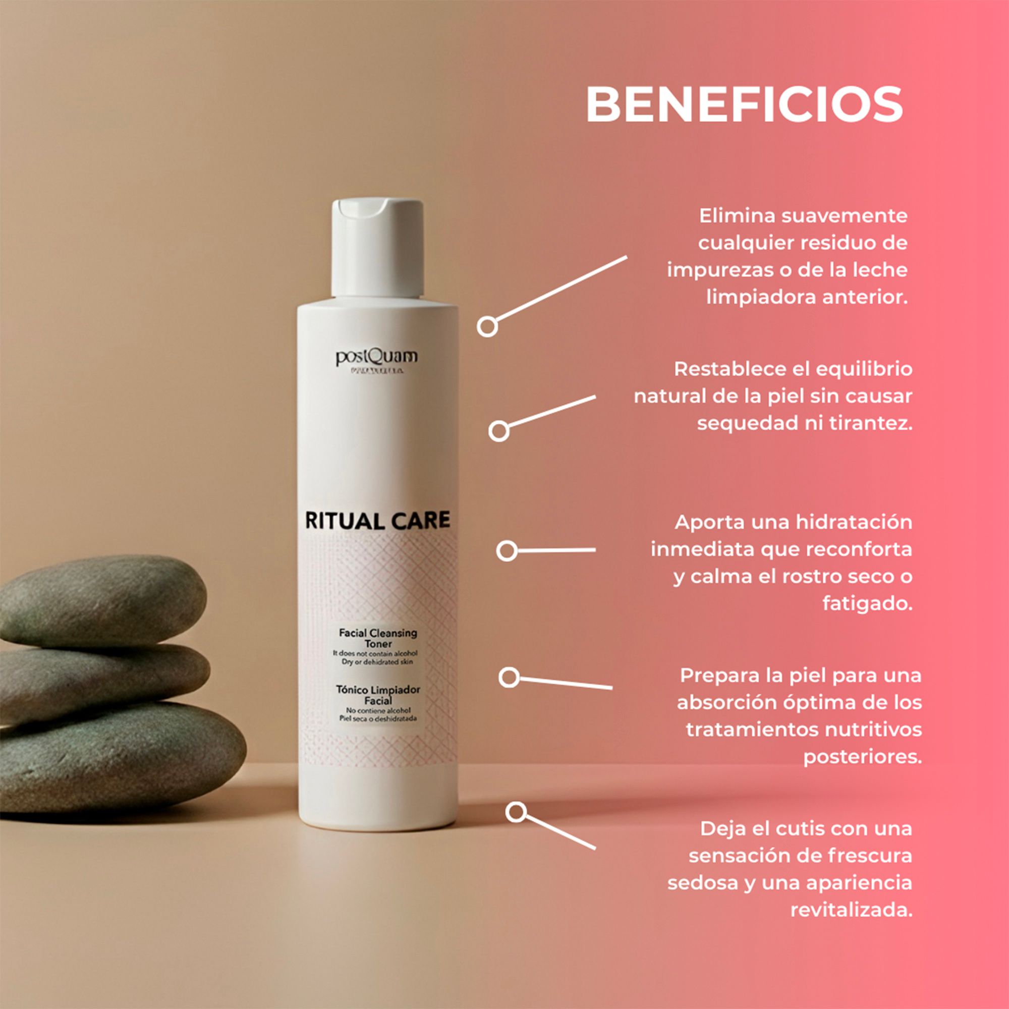 Flacone bianco Ritual Care. Testo: postQuam, Ritual Care, Facial Cleansing Toner. Pietre a sinistra.