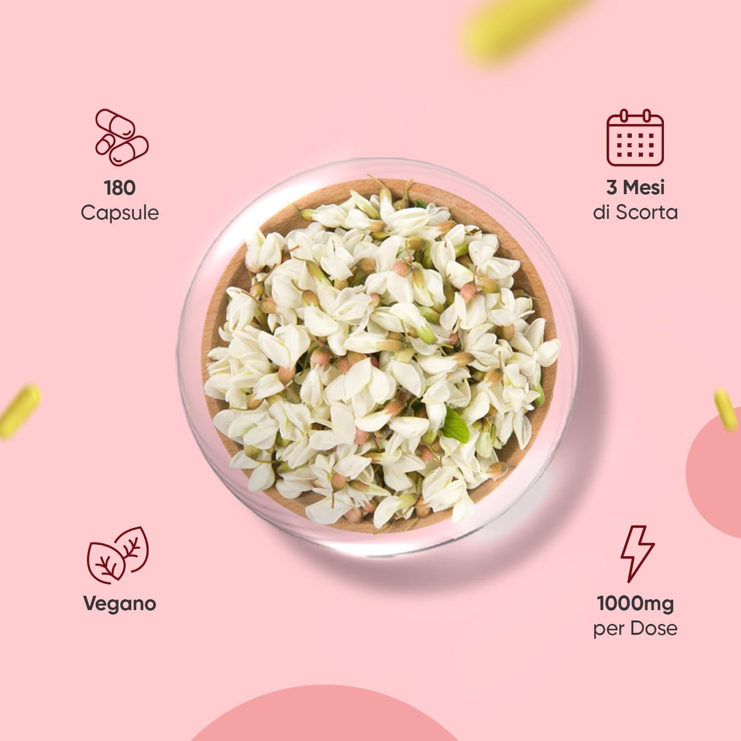 180 capsule, 3 mesi di scorta. Icone: vegano, 1000mg per dose.