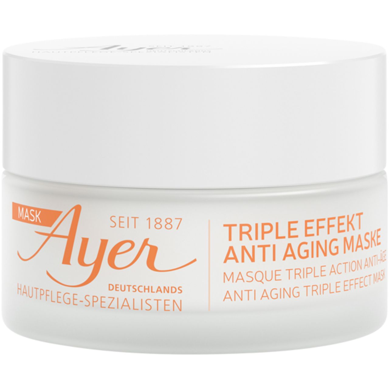 Vaso bianco con scritta: Ayer, Triple Effetto Anti Aging Maske. Specialisti della cura della pelle.