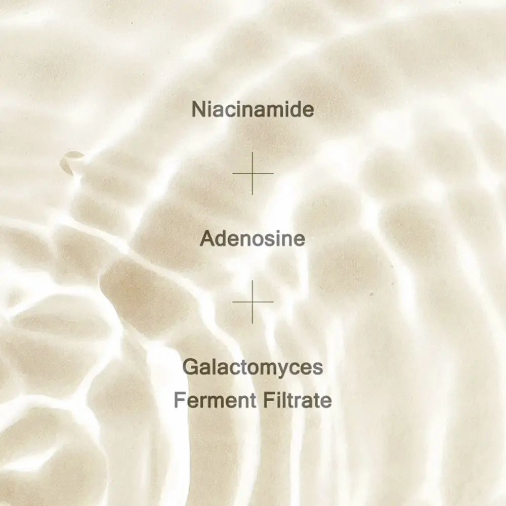 Testo: Niacinamide, Adenosina, Galactomyces Ferment Filtrat. Sfondo: a forma di onde.