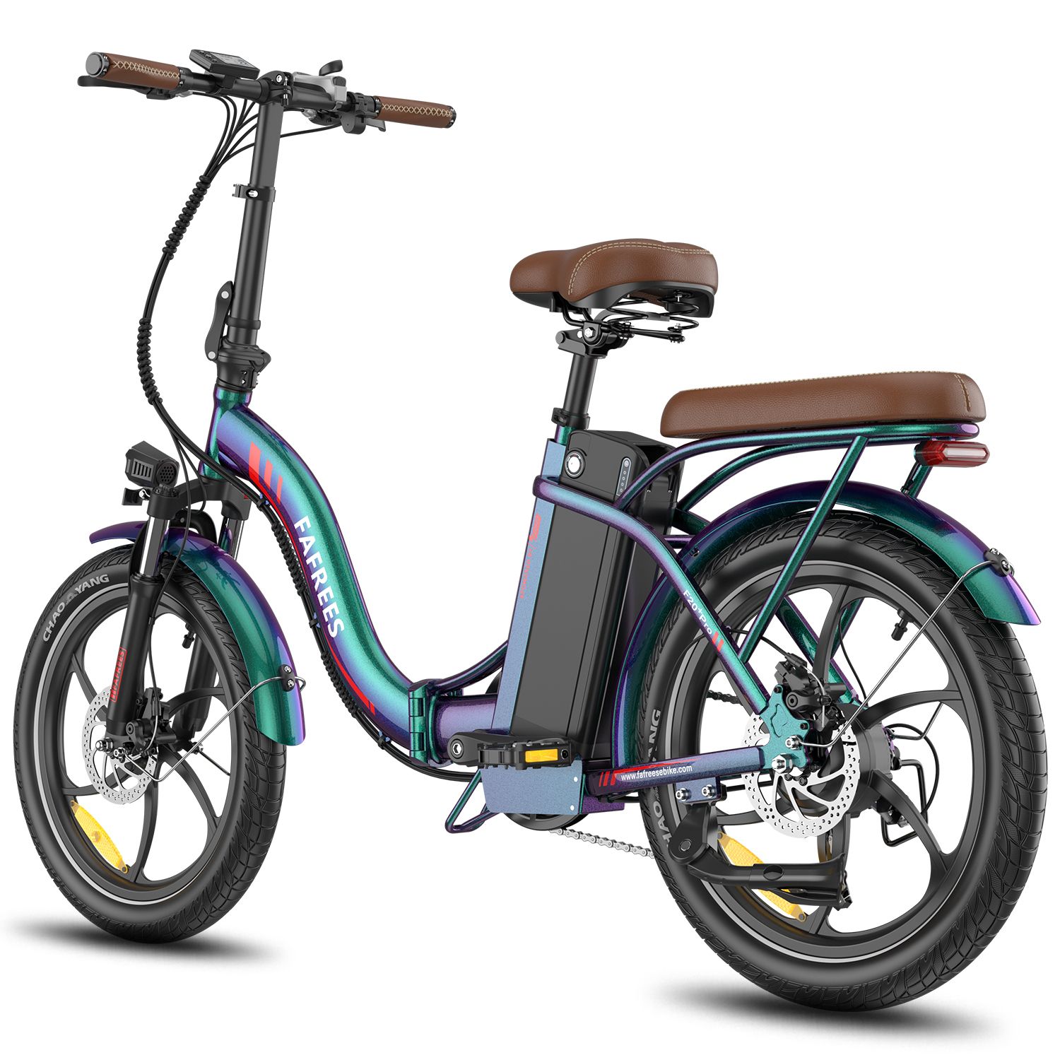 E-bike pieghevole blu-verde, sella e portapacchi marroni. Pneumatici, cerchi e batteria neri. Marchio FAFREES.