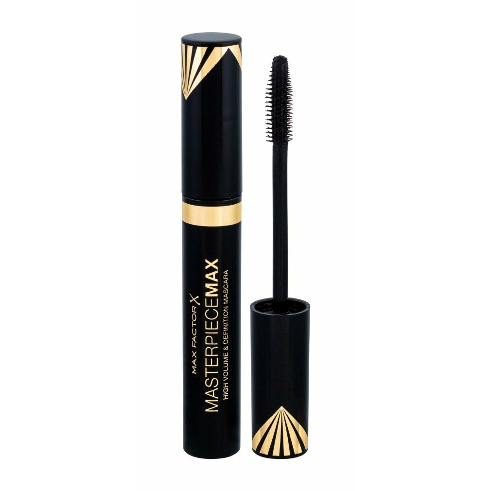 Tubo di mascara nero con scritta dorata e spazzola. Tappo con design dorato. Nome del prodotto: Masterpiece Max.
