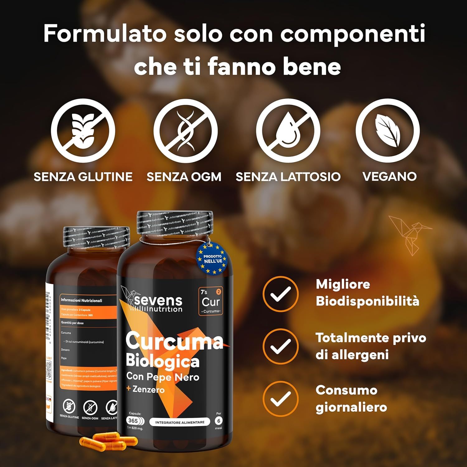 Due barattoli di Curcuma Biologica, vegan, senza glutine, senza lattosio, senza OGM. Migliore biodisponibilità.