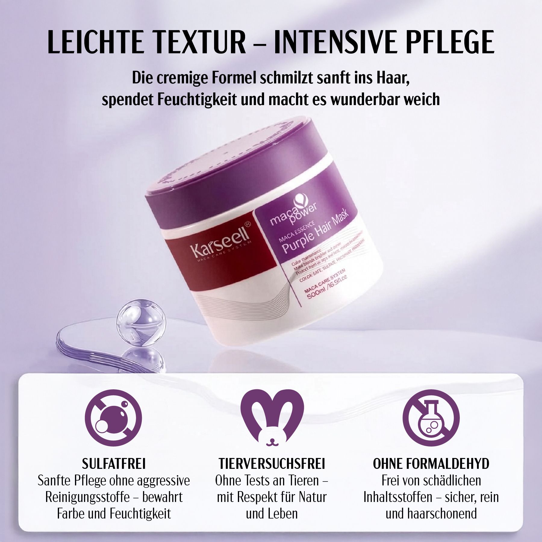 Confezione Karseell Purple Hair Mask. Testo: Senza solfati, non testato su animali, senza formaldeide.