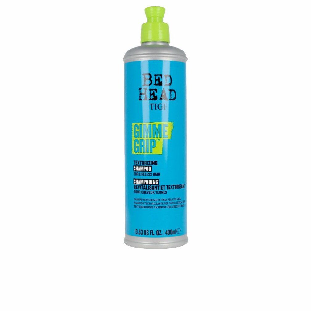 Flacone di shampoo blu turchese con erogatore verde. Scritta: Bed Head TIGI Gimme Grip Texturizing Shampoo.