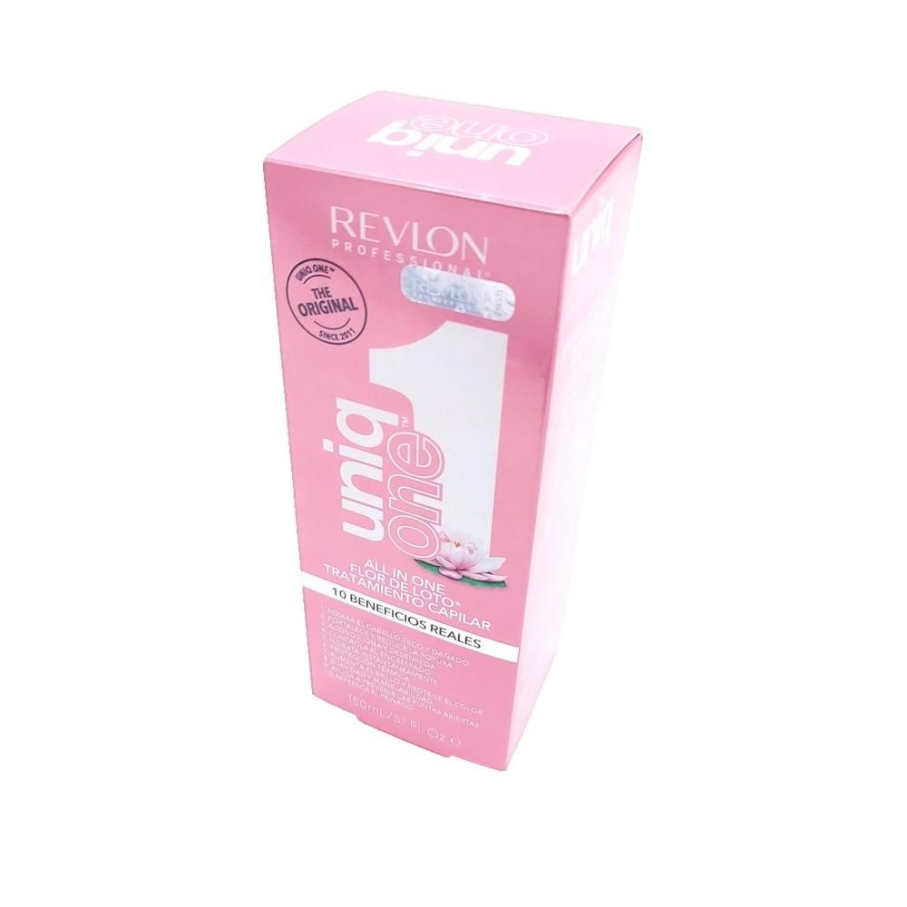 Confezione rosa. Testo: Uniq One, Lotus Flower, 10 benefici. Logo: Revlon. Illustrazione: fiore di loto.