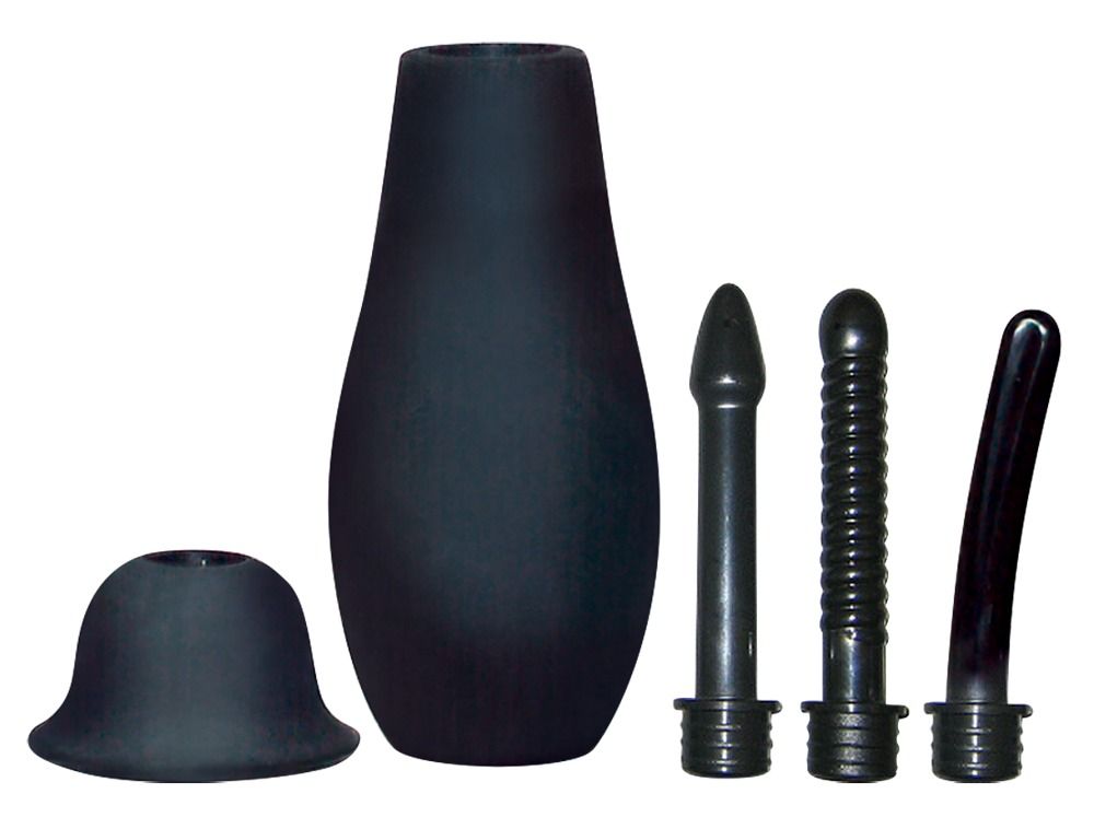 Doccia intima nera con tre accessori. Include una bottiglia, un accessorio e altri tre accessori di forme diverse.