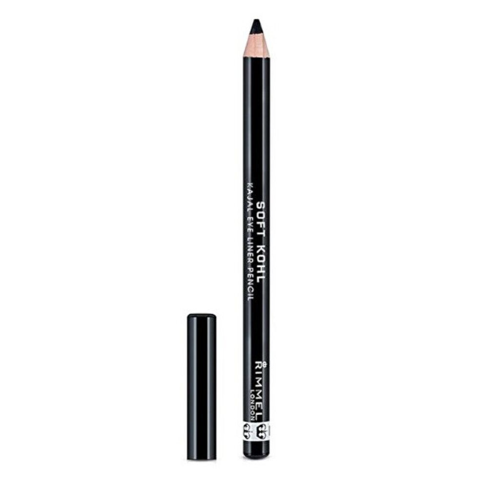 Matita kajal nera con cappuccio rimosso. Scritta: Soft Khol Kajal Eye Liner Pencil. Marchio: Rimmel London.