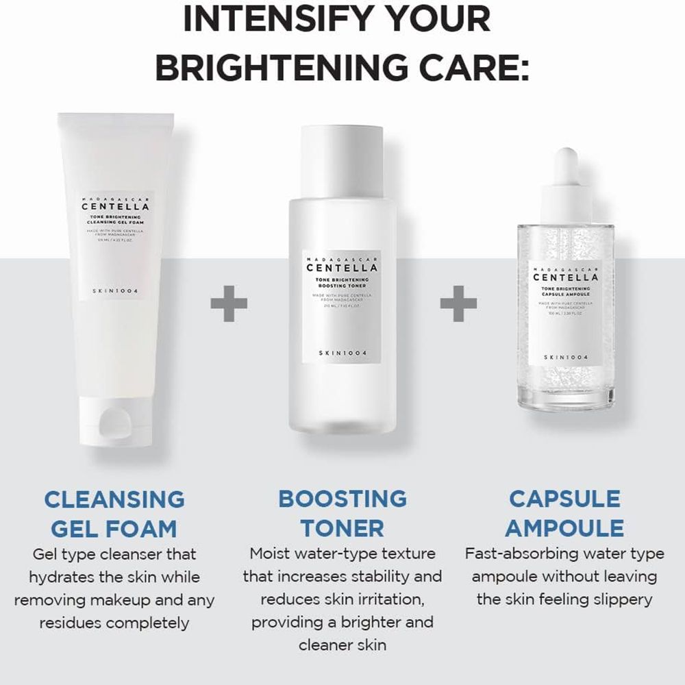 Tre prodotti: gel detergente, tonico e fiala. Tutti con etichetta bianca. Marchio: SKIN1004. Nome prodotto: Madagascar Centella Tone Brightening Ampoule.