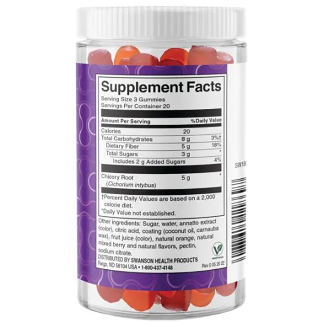 Retro del barattolo di SWANSON Fiber Gummies. Informazioni nutrizionali. Elenco ingredienti. Sigillo vegetariano.