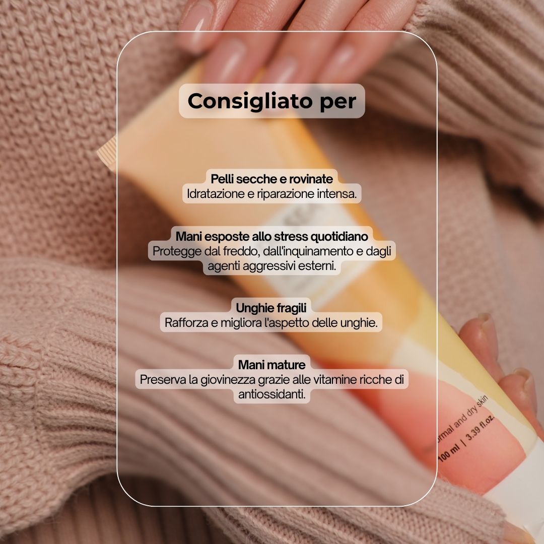Tubo di crema. Scritta: Dr. SEA, Multivitamin, Hands & Nails Cream, Mango & Vitamin E. Testo: Consigliato per... Mani secche, mani mature.
