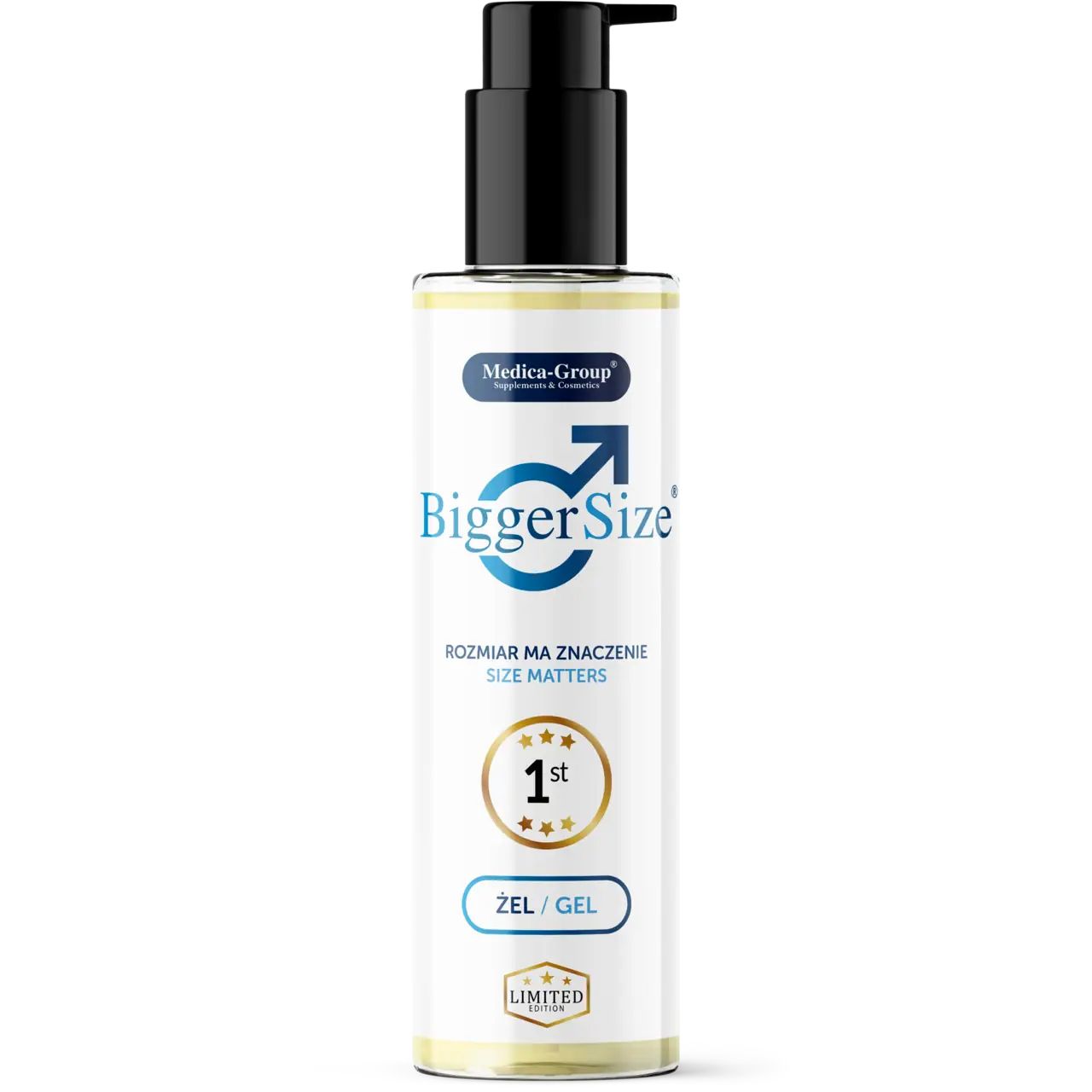 Flacone di gel con chiusura a pompa nera. Scritta "BiggerSize", "Zel/Gel", "1st". Logo e testo sull'etichetta.