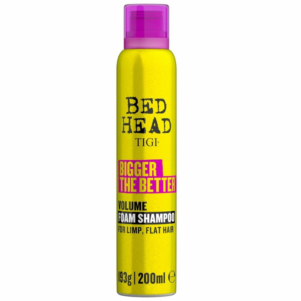 Flacone giallo Tigi Bed Head Volume Foam Shampoo con tappo viola. Testo: Bigger The Better, Volume Foam Shampoo, 193g/200ml.