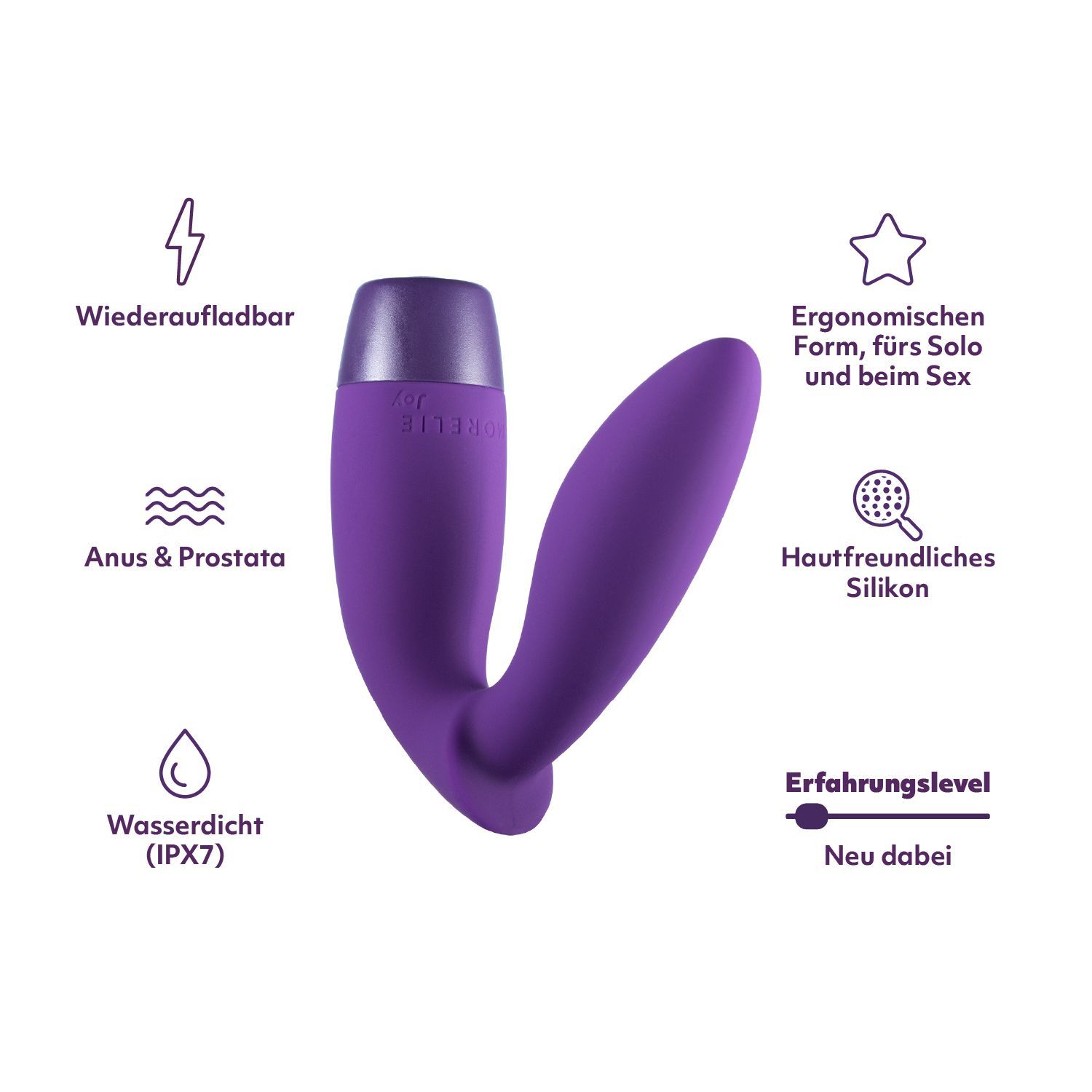 Prodotto viola con infografica. Ricaricabile, impermeabile, forma ergonomica, per solo e sesso.