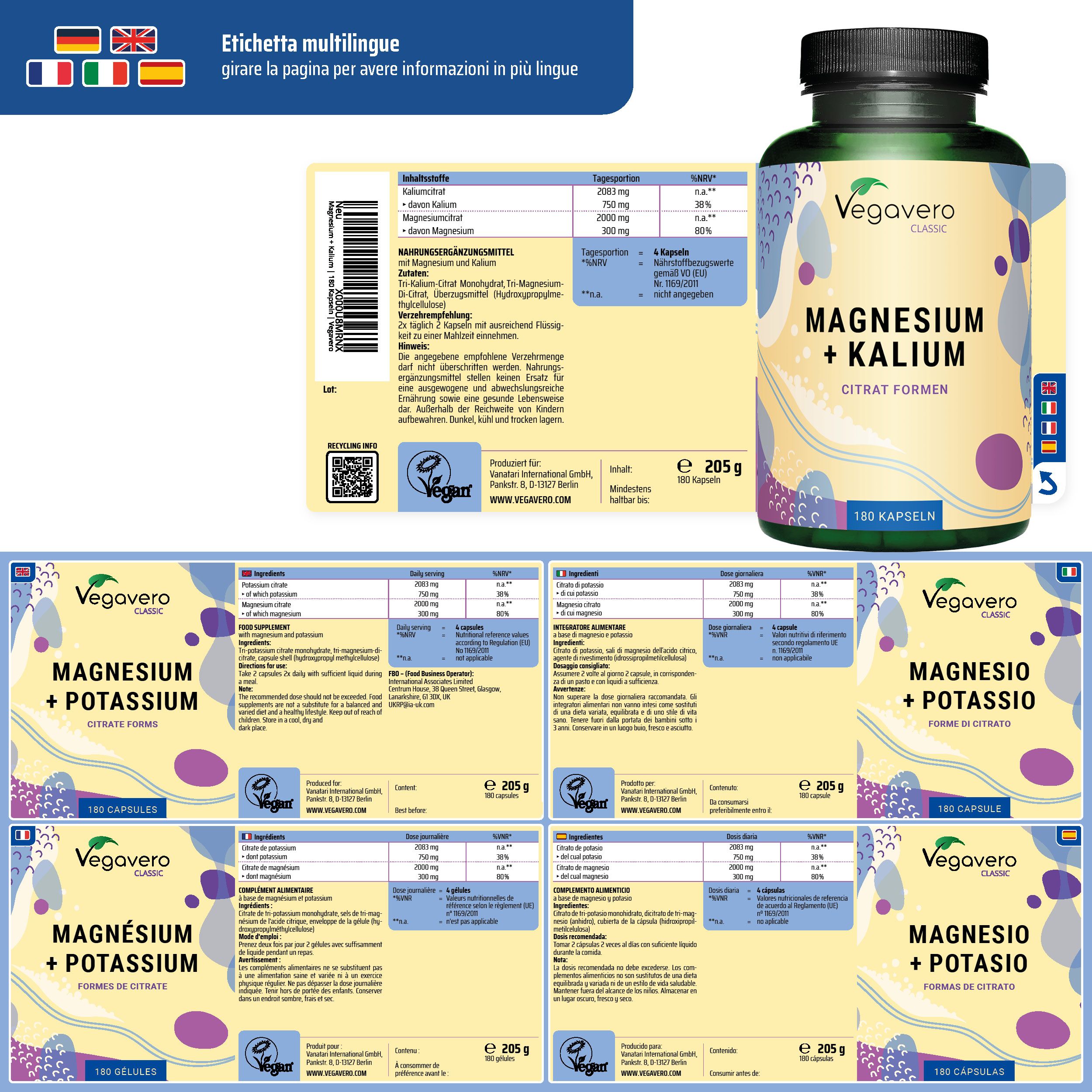 Etichetta multilingue con informazioni su VEGAVERO Magnesium + Kalium. Flacone da 180 capsule.