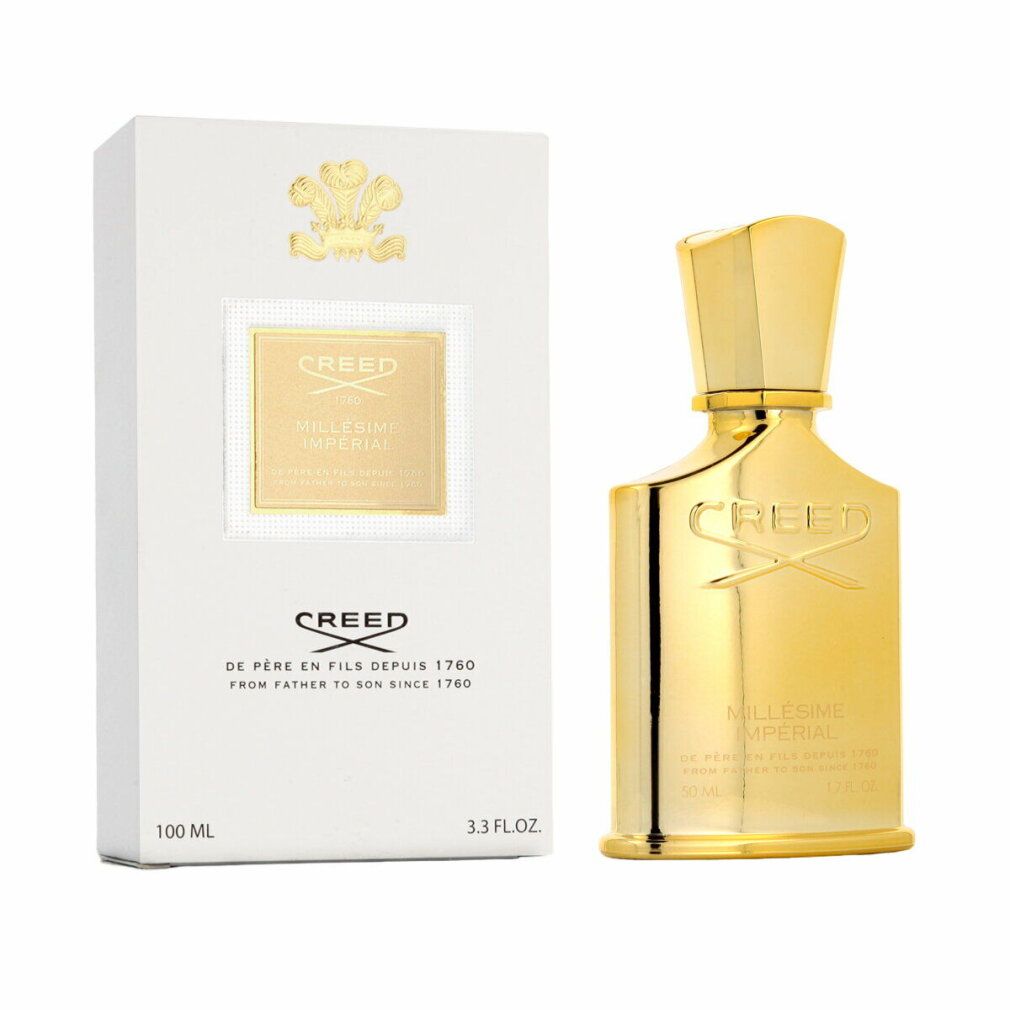 Flacone dorato e scatola bianca. Scritta CREED e MILLÉSIME IMPERIAL. 100 ML.