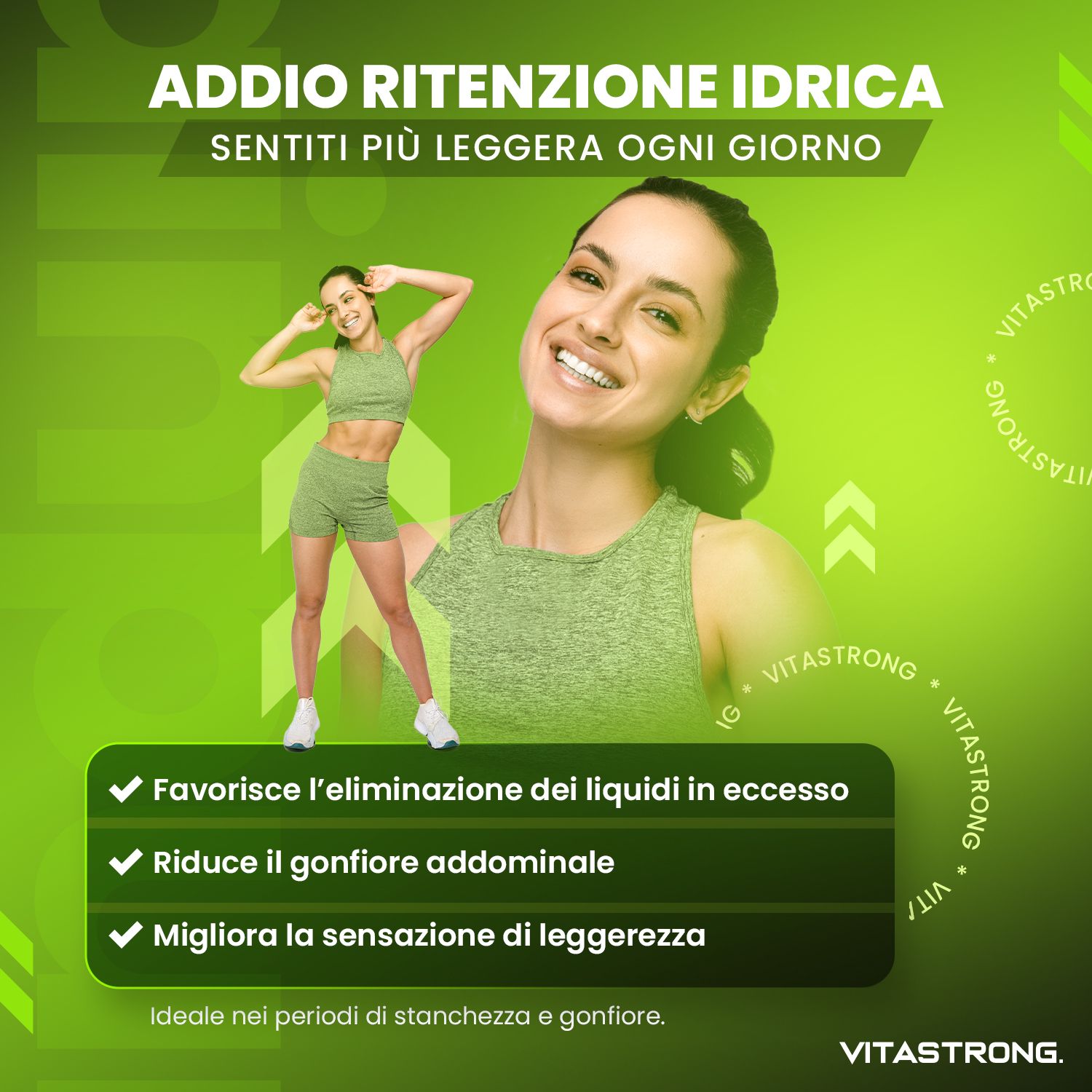 Una donna sorride, un'altra in abbigliamento sportivo sullo sfondo. Testo: 'Addio ritenzione idrica'.