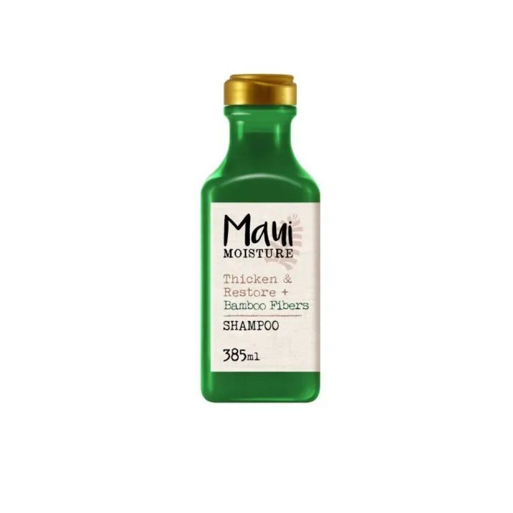 Flacone di shampoo verde con tappo dorato. Etichetta con nome e ingredienti. Volume: 385 ml.
