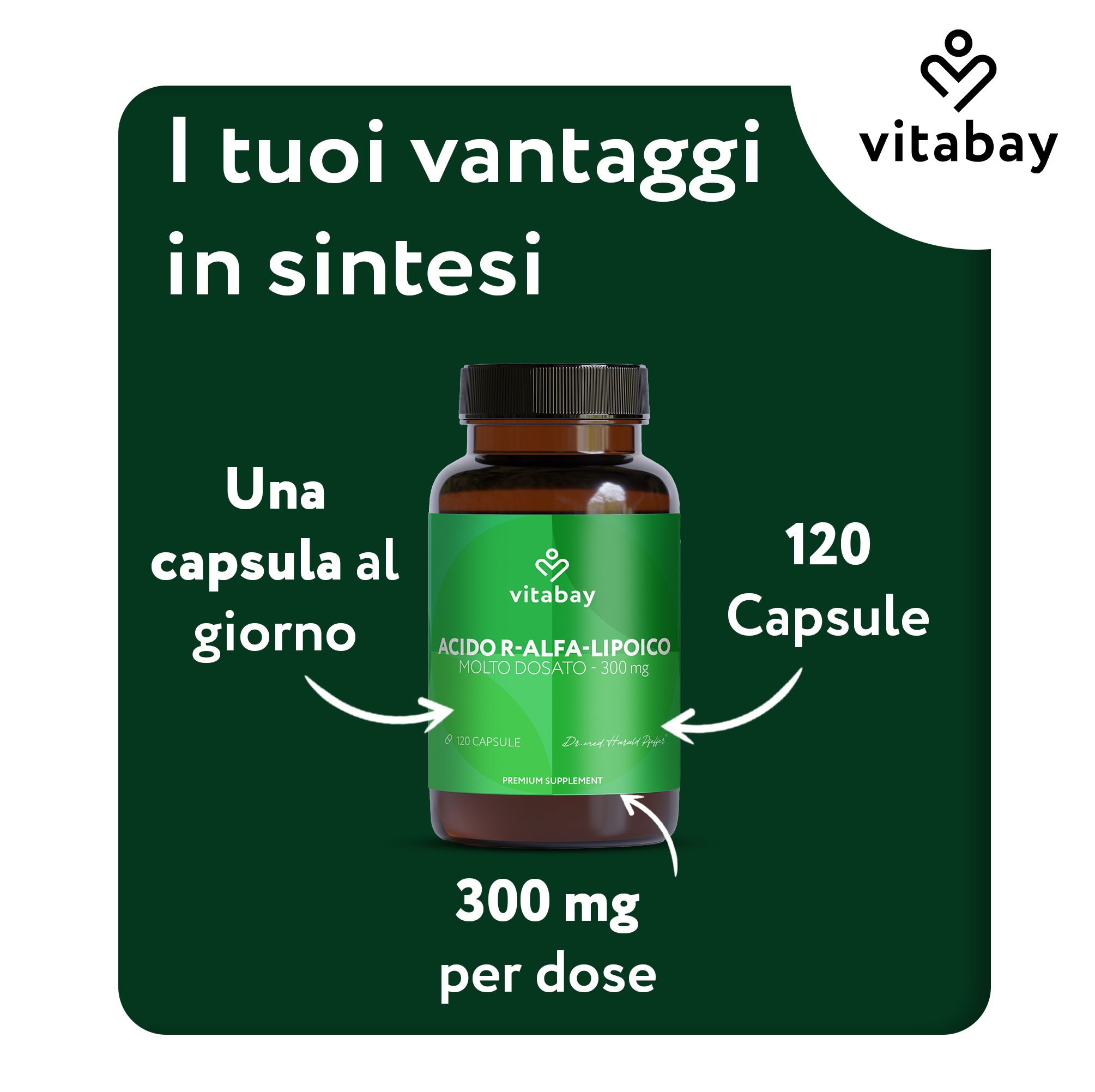 Flacone Vitabay R-Alpha-Liponsäure con sigilli e foglie.