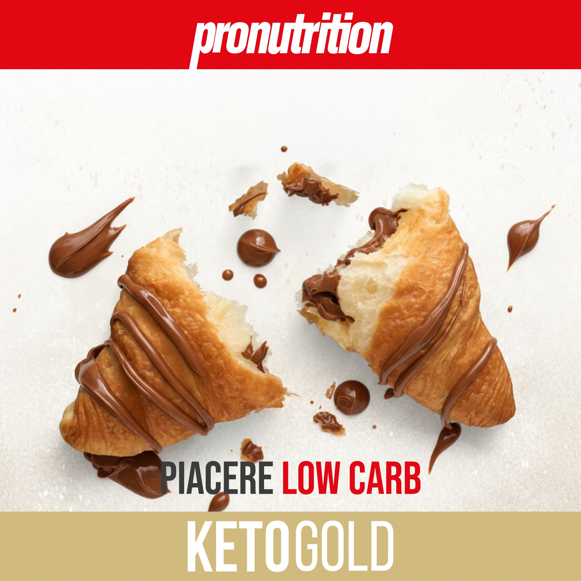 Cornetto spezzato con crema al cioccolato. Testo: PIACERE LOW CARB, KETOGOLD.