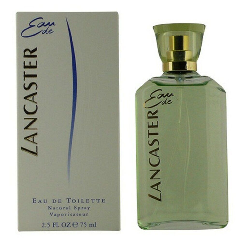 Flacone di profumo e scatola. Flacone con tappo dorato. Scritta "Lancaster Eau de". Scatola con informazioni sul prodotto.