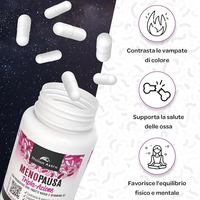 Flacone di capsule. Illustrazioni: vampate di calore, ossa, donna. Testo: Menopausa Tripla-Azione, Italian Astra.