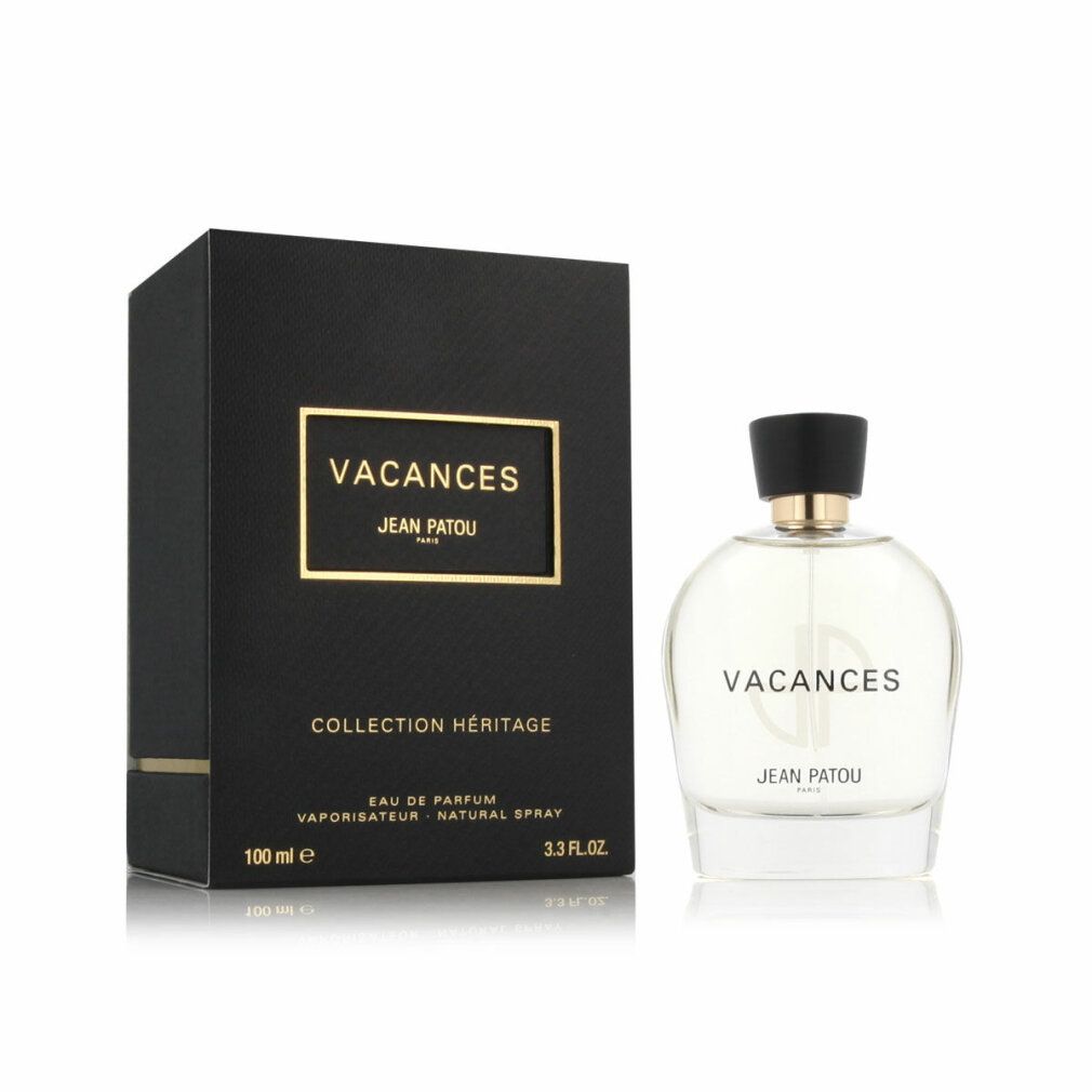 Scatola nera e flacone in vetro. Scritta: VACANCES, JEAN PATOU PARIS. Flacone con tappo nero. 100 ml.