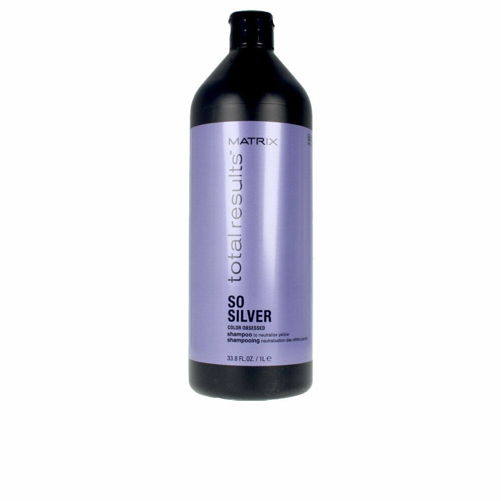 Flacone nero con etichetta viola. Scritta: Matrix Total Results So Silver Shampoo.